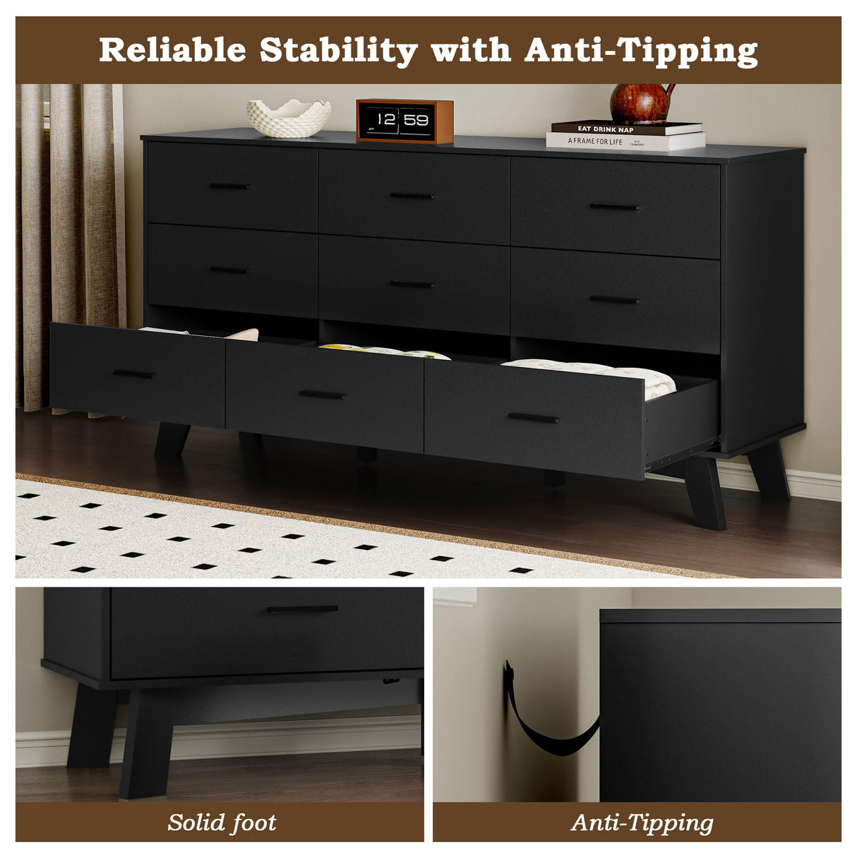 BORNOON Dresser for Bedroom with 9-Drawer, 59" Wide Modern Chest of Drawers with Metal Handles, X-Shape Base & Adjustable Center Leg, Anti-Tip Closet Organizers and Storage BORNOON