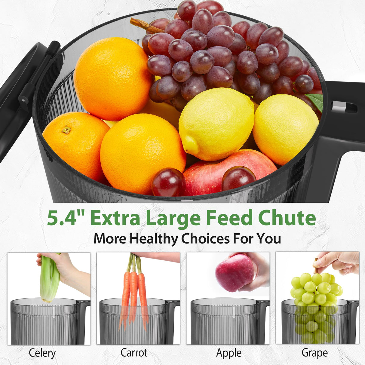 Cold Press Juicer Machines, Floisdace 5.4" Self-Feeding Masticating Juicer Fit Whole Fruits & Vegetables, 350W Professional Slow Juices Extractor Easy to Clean, BPA Exclude-Black Floisdace