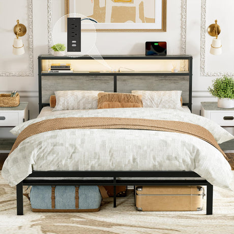 HAUSOURCE King Bed Frame with LED Storage Headboard & Metal Platform Support HAUSOURCE