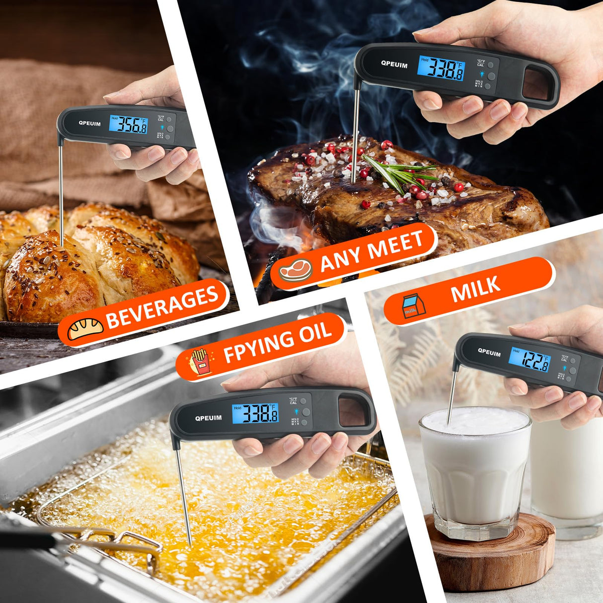 Digital Meat Thermometer Instant Read Meat Thermometer for Cooking Kitchen Food Candy with Backlight and Magnet for Oil Deep Fry BBQ Grill Smoker Thermometer by QPEUIM QPEUIM