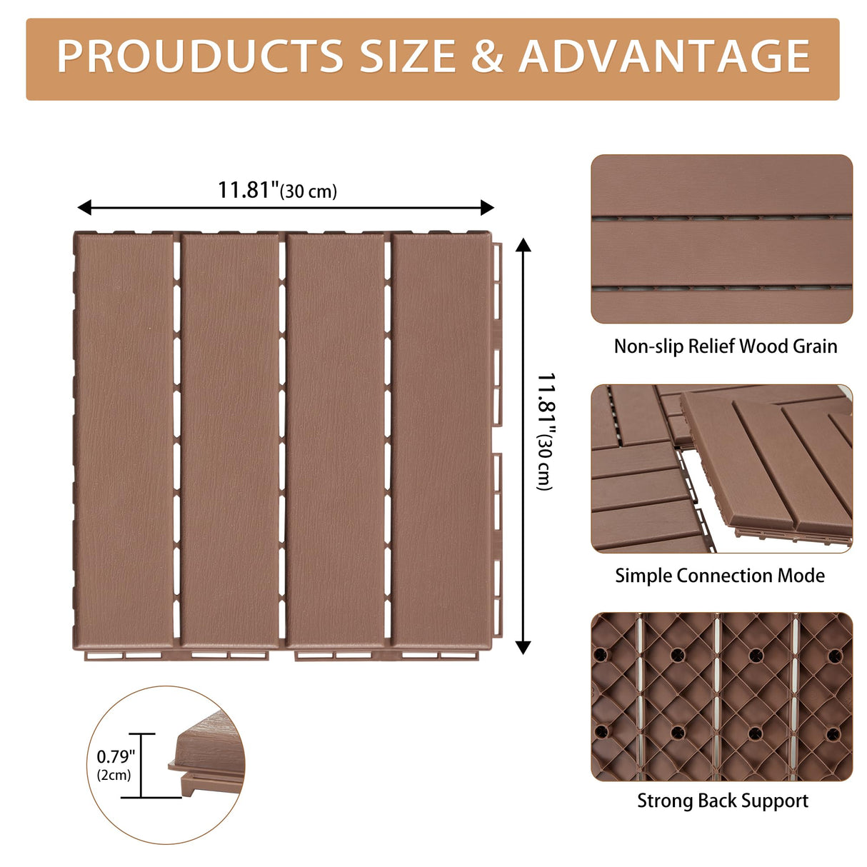 Candockway Plastic Interlocking Deck Tiles, 36 Pack Outdoor Flooring Waterproof Pavers for Patio Garden Porch Yard, All Weather Use, Coffee Candockway