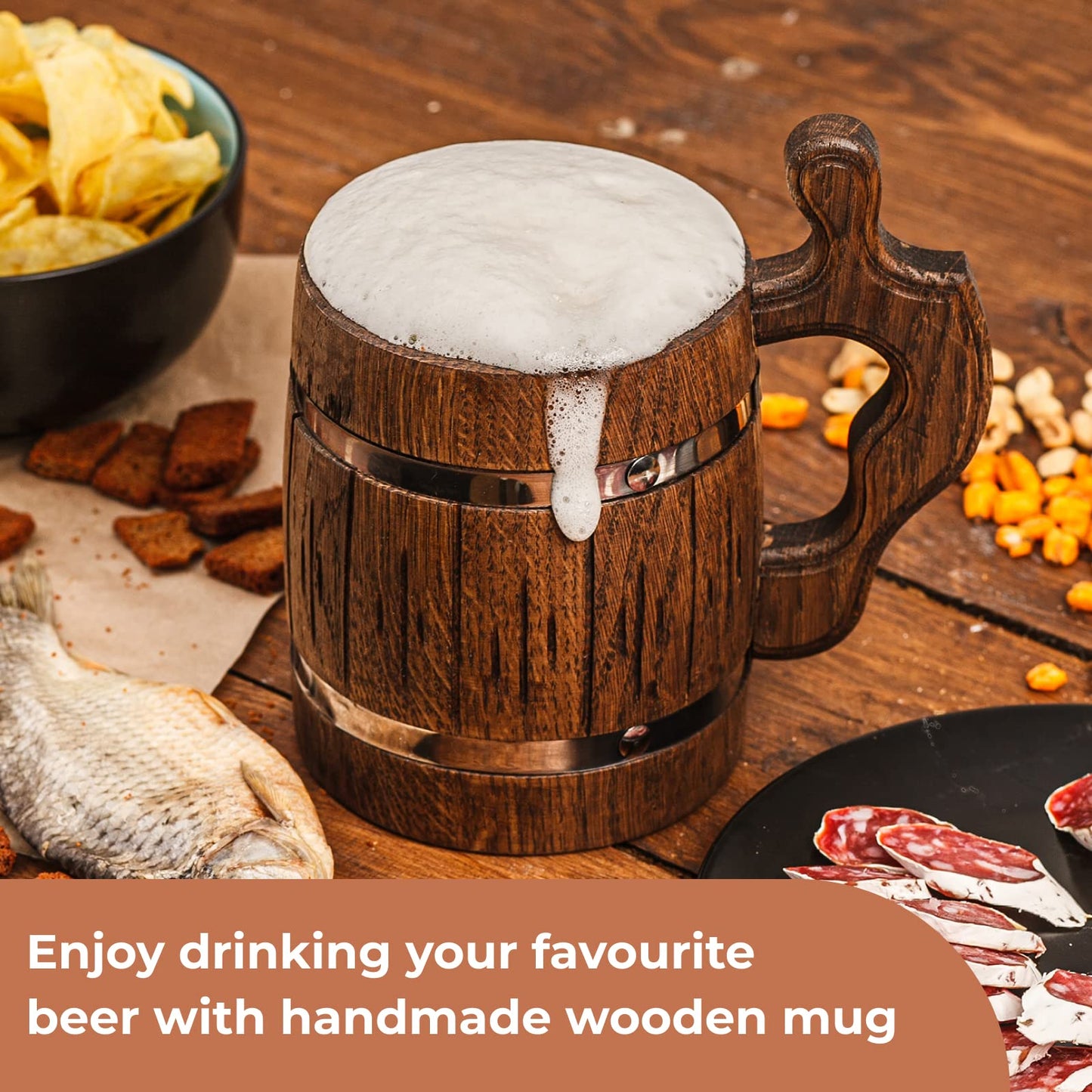 20 oz Handmade Wooden Rustic Beer Mug Real Oak Wood Stainless Steel Cup 600ml Brown - Etno Motif Wood Viking Beer Mug Stein - Beer Tankard Irish Retro Halloween Mugs - Cowboys Beer Mug - WoodArtSupply