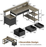 Seventable L Shaped Desk with File Drawers, 64" Home Office Desk with Power Outlet & LED Lights, Reversible Gaming Desk with Printer Storage Shelves, Corner Computer Desk with Monitor Stands, Grey Seventable