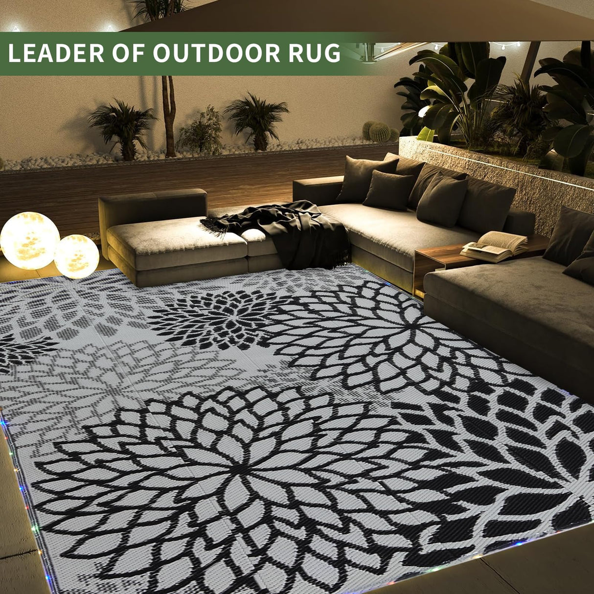 YONILE Outdoor Rug 9x12 ft with LED Light, Waterproof Reversible Outdoor Plastic Straw Rug for Patios Clearance, Large Outdoor Area Rug Carpet RV Mat for Camping Backyard Deck Porch Beach YONILE