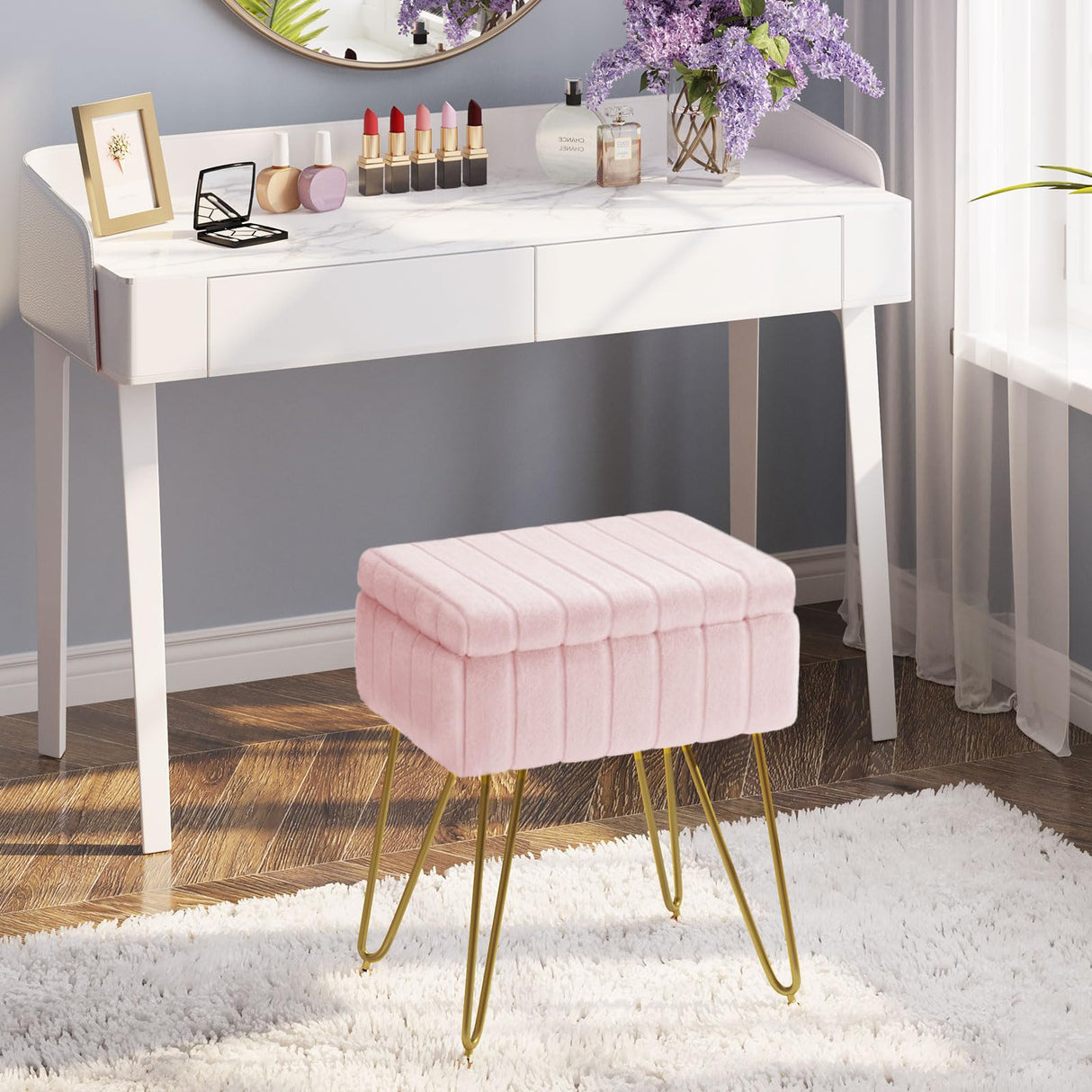Greenstell Vanity Stool Chair Faux Fur with Storage, 15.7"L x 11.8"W x 19.4"H Soft Ottoman 4 Metal Legs with Anti-Slip Feet, Furry Padded Seat, Modern Multifunctional Chairs for Makeup, Bedroom Pink GREENSTELL
