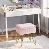 Greenstell Vanity Stool Chair Faux Fur with Storage, 15.7"L x 11.8"W x 19.4"H Soft Ottoman 4 Metal Legs with Anti-Slip Feet, Furry Padded Seat, Modern Multifunctional Chairs for Makeup, Bedroom Pink GREENSTELL