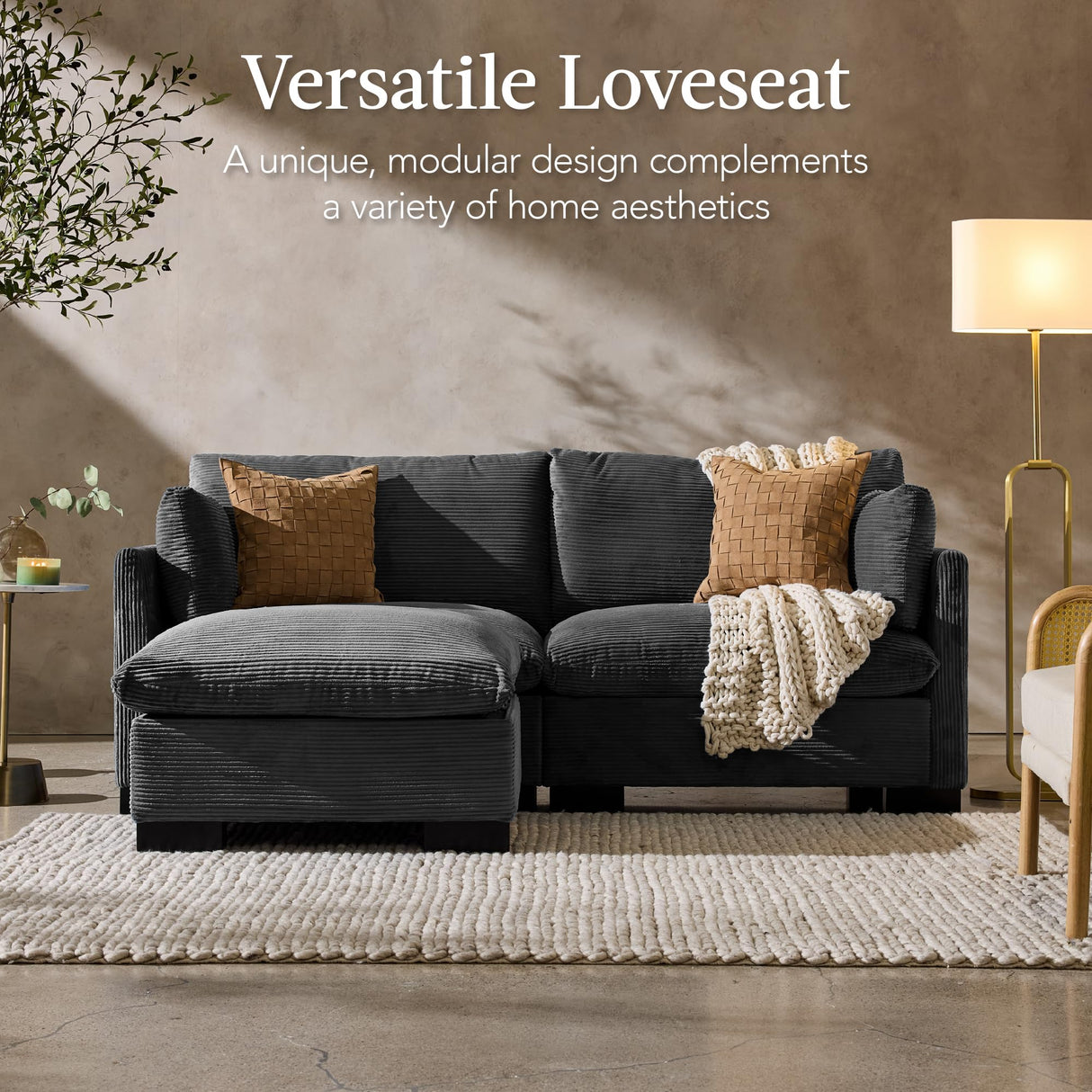 Best Choice Products 82in Modular Cloud Pillowtop Loveseat Sofa, Deep Seat Sectional Couch w/Storage Ottoman, Plush Corduroy Fabric, Real Wood Frame and Legs – Gray Best Choice Products