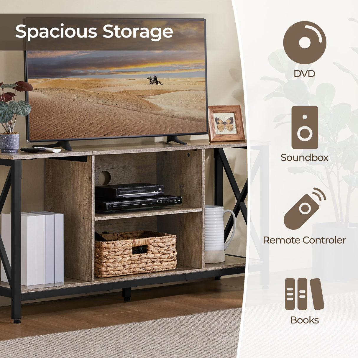 Yaheetech Industrial TV Stand for 55 Inch TV, Entertainment Center Media Console Table with Open Storage for Living Room, Wood Modern Furniture, Gray Yaheetech