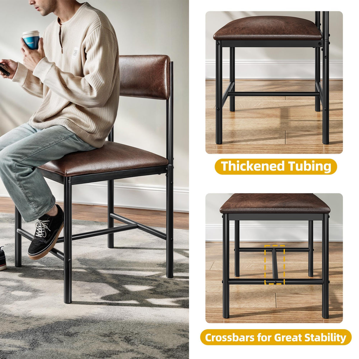 DWVO Dining Room Chairs Set of 4 Brown Upholstered Dining Chairs Modern Kitchen Chairs Faux Leather Restaurant Chairs with Metal Legs for Living Room Kitchen and Dining Room, 4 Pack DWVO