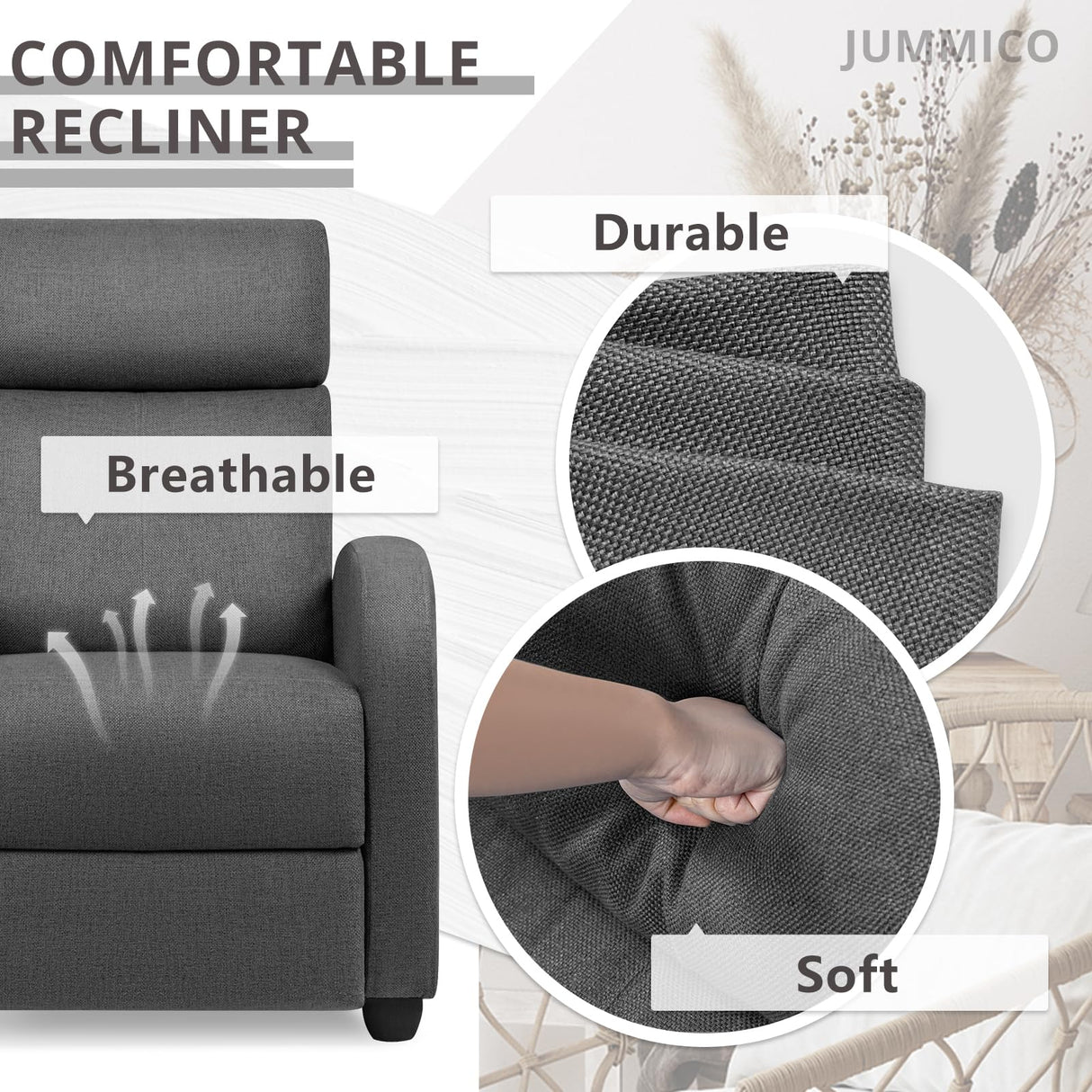 JUMMICO Recliner Chair Adjustable Home Theater Single Recliner Sofa Furniture with Thick Seat Cushion and Backrest Modern Living Room Recliners (Fabric, Aurora Grey) JUMMICO