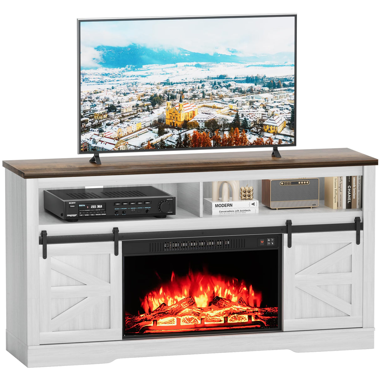 Furniwell Electric Fireplace TV Stand for TVs up to 65", Entertainment Center with 26” Fireplace Console Table with Sliding Barn Door and Adjustable Storage Shelves for Living Room (White) Furniwell