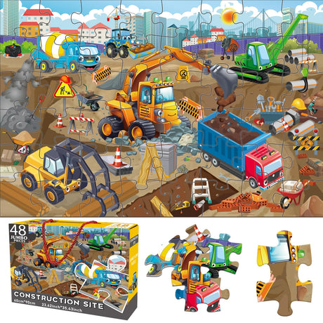 Jadeso 48 Pieces Jumbo Floor Puzzles for Kids ages 3-5, Puzzle for Kid Ages 4-6, Construction Site Jigsaw Large Puzzles, Children Learning Preschool Educational Toys, Great Gift for Kids 4-8 Years Old Jadeso