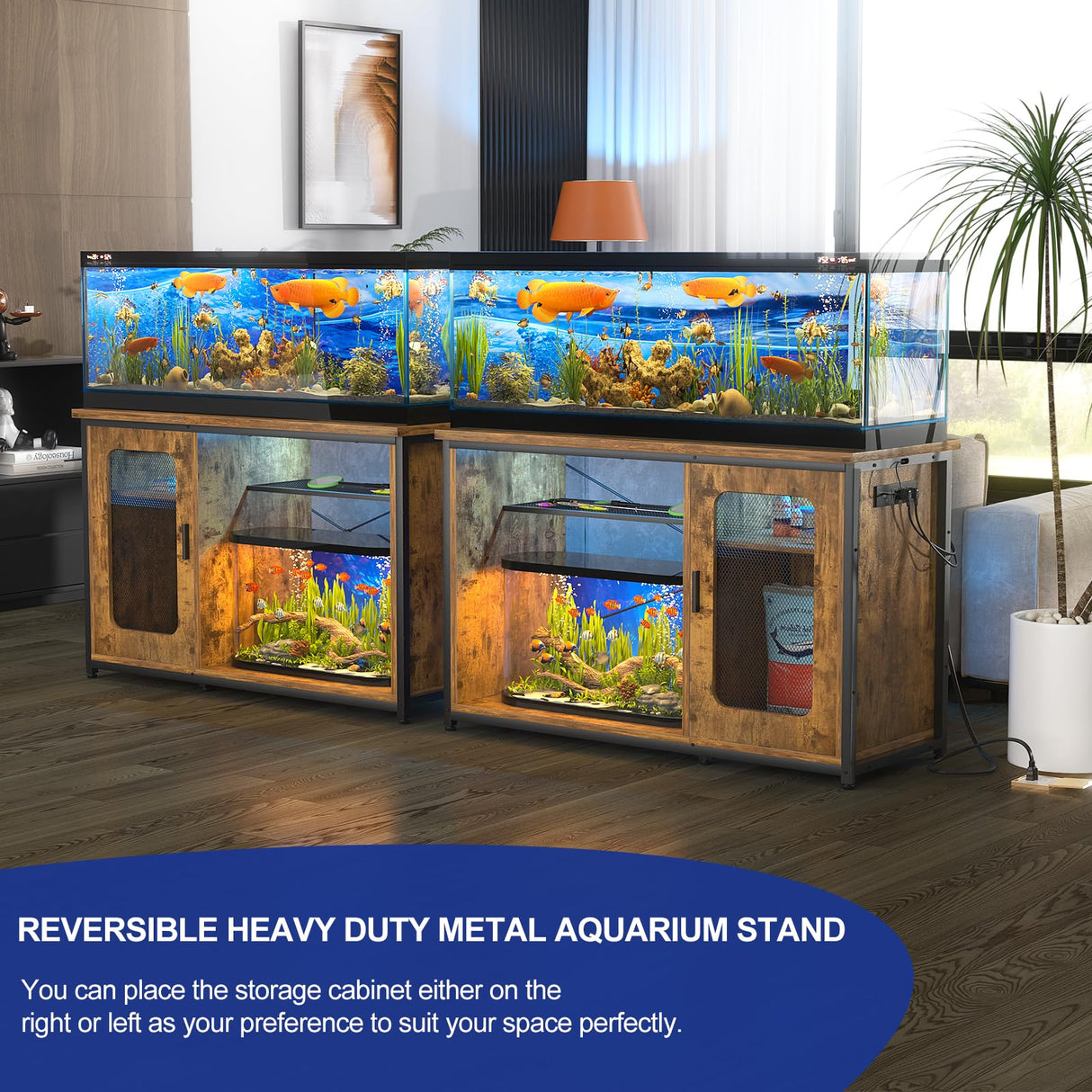 Hyomdeck 55-75 Gallon Fish Tank Stand with Power Outlets & LED Light, Reversible Heavy Duty Metal Aquarium Stand with Cabinet for Fish Tank Accessories Storage, Turtle/Reptile Terrariums, Rustic Hyomdeck