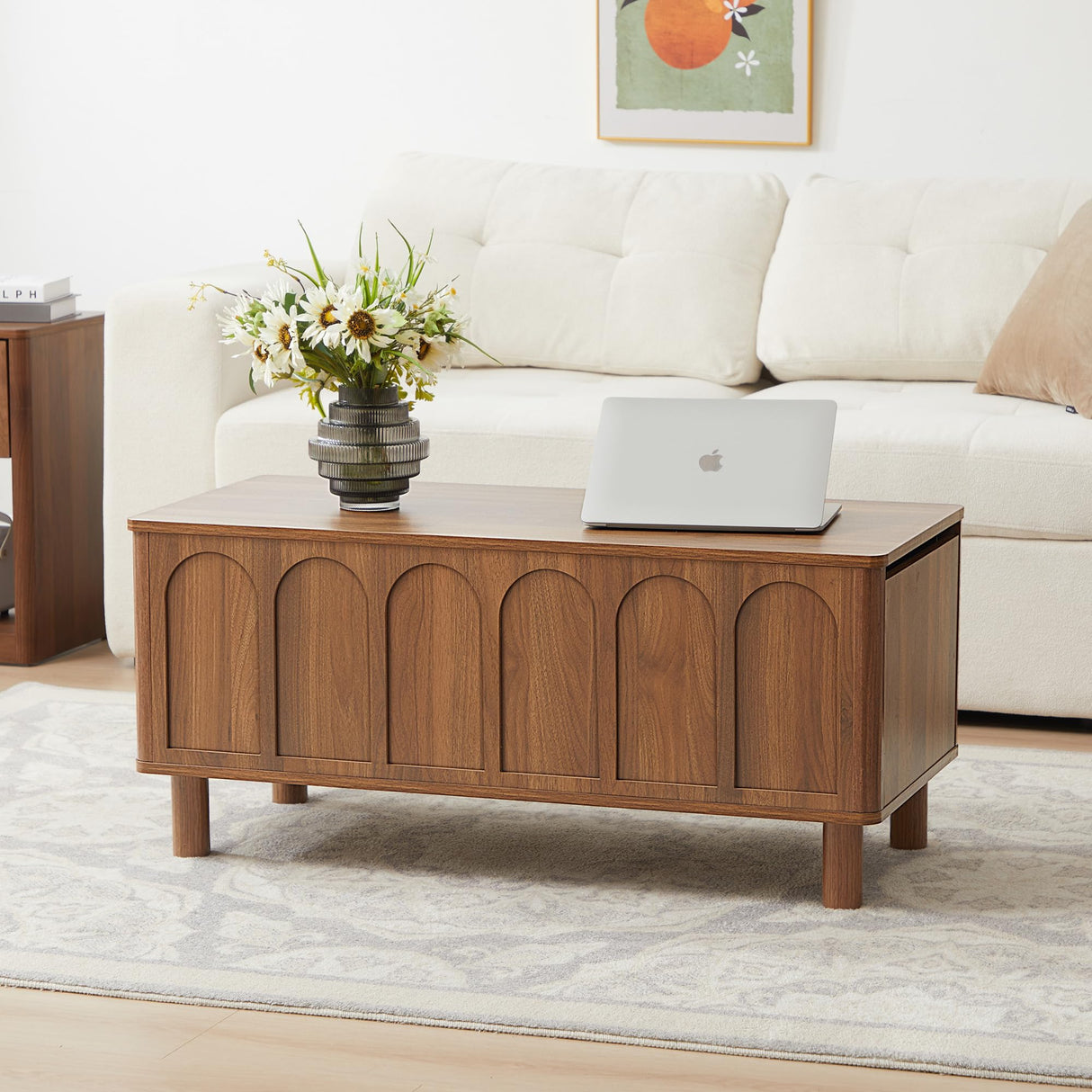 Lift Top Coffee Table with Arched Finish, Modern Coffee Table with Lifting Tabletop & Hidden Storage, Wood Center Table for Living Room,Convenient for Dining, Gaming or Working (Walnut) YUCHIATH