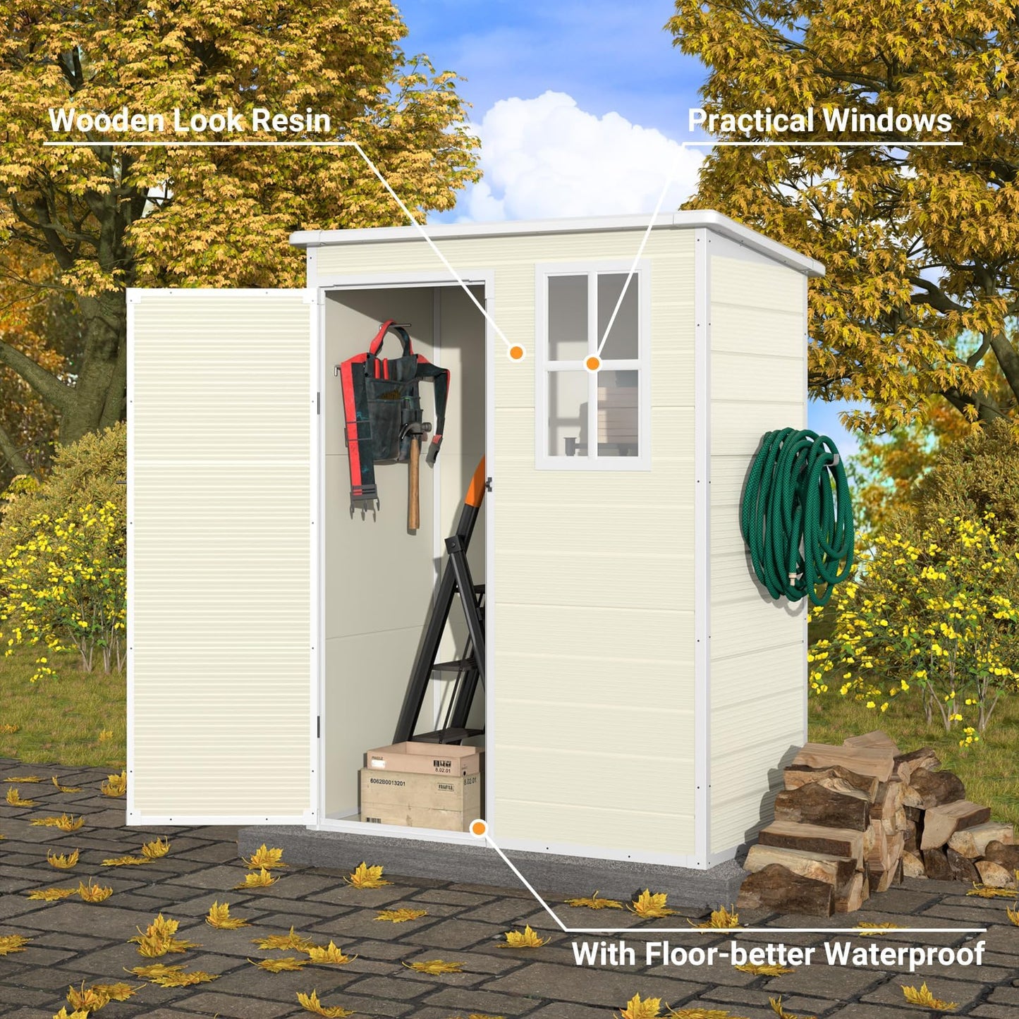 VONZOY Outdoor Storage Shed, 5x3FT Resin Shed with Floor, Lockable Door & Window, Waterproof Tool Sheds & Outdoor Storage for Bike, Garbage Cans,Garden Accessories, Sandstone - WoodArtSupply