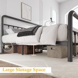 Fluest 14 Inch King Bed Frame Classic Metal Platform Bed Frame with Charging Station & LED, Victorian Style Iron-Art Headboard/Footboard, Under Bed Storage, No Box Spring Needed, Noise Free Fluest