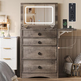 AMERLIFE 3-in-1 Makeup Vanity with Sliding Stool, Fold-up Panel, Divided Storage & Power Port, Farmhouse Makeup Table with Adjustable LED Light, for Small Space, Rustic Oak AMERLIFE