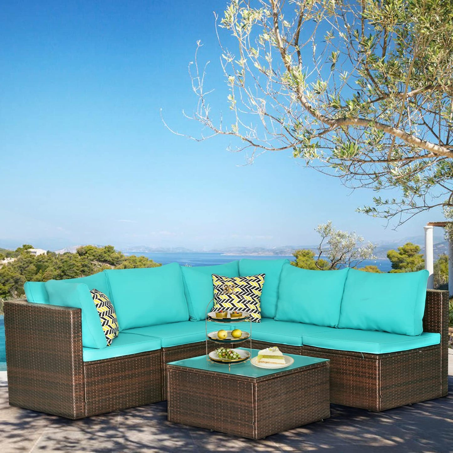 Outdoor Furniture Patio Sets 6 Pieces Wicker Conversation Set Sectional Sofa Garden Furniture All-Weather Tea Table&Washable Couch Cushions&Upgrade Brown Rattan,Blue Cushion