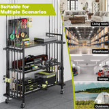 Fishing Rod Holders for Garage, Fishing Rod Stand with Wheels and Pegboard, 3-Tier Pole Storage Rack with 12 Rod Slots, Ideal for Tackle, Backpacks, and Gear Black SEEAHEAD