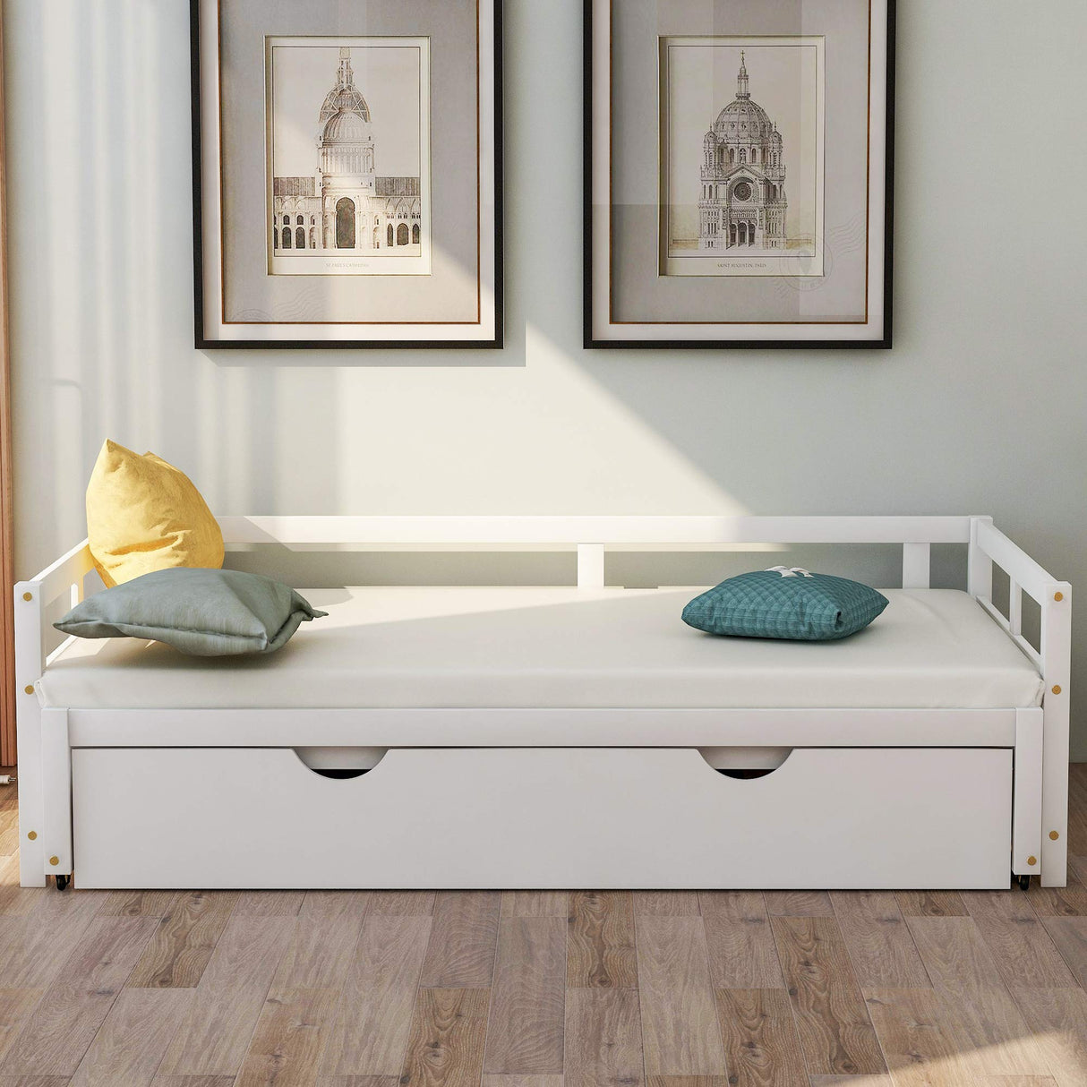 Extendable Daybed with Trundle Beds, Wood Daybed Frame with Pull Out Trundle, Twin to King Design Extending Daybed for Kids Girls Boys Teens Adults, No Box Spring Required, White Bellemave