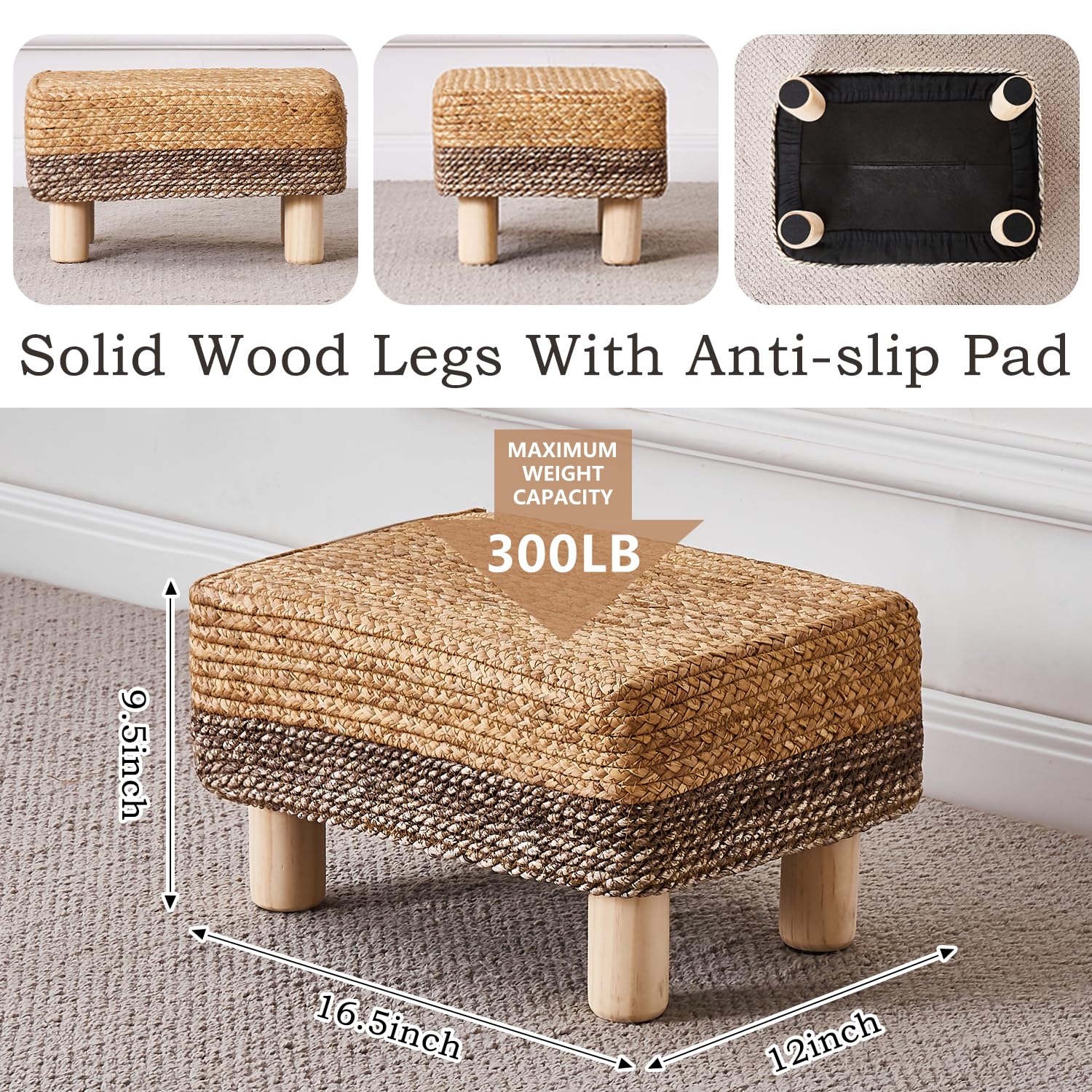 Cpintltr Foot Stool Ottoman Rectangular Footrest Pouf Ottomans Natural Seagrass Footstool with Wooden Legs Hand Weave Step Stool for Living Room Bedroom Entryway Natural White - WoodArtSupply