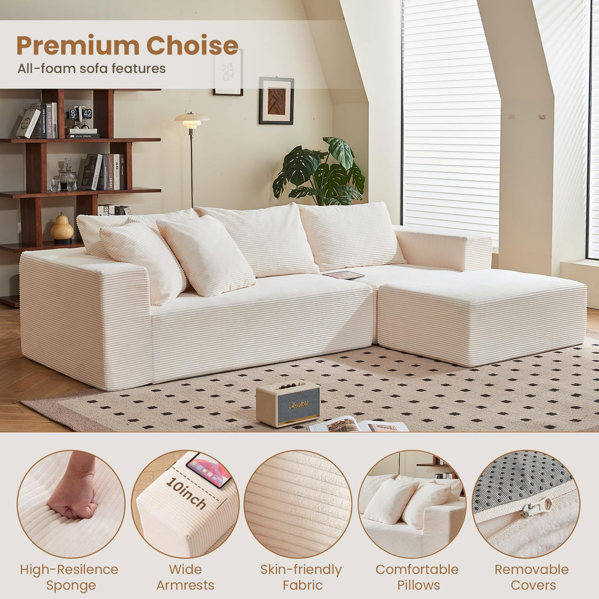 Modular Sectional Sofa, 108" L-Shaped Boneless Couch with Deep Seat, Corduroy Cloud Couch for Living Room, Bedroom, No Assembly Required, Ship in a Box, Beige RUMBALUXY