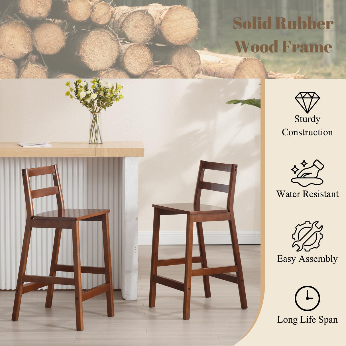 Janoray Counter Height Bar Stools Set of 2 Farmhouse Counter Stools with Ladder Back 26-Inch Solid Wood Barstools for Kitchen Island/Pub/Cafe, Brown Janoray