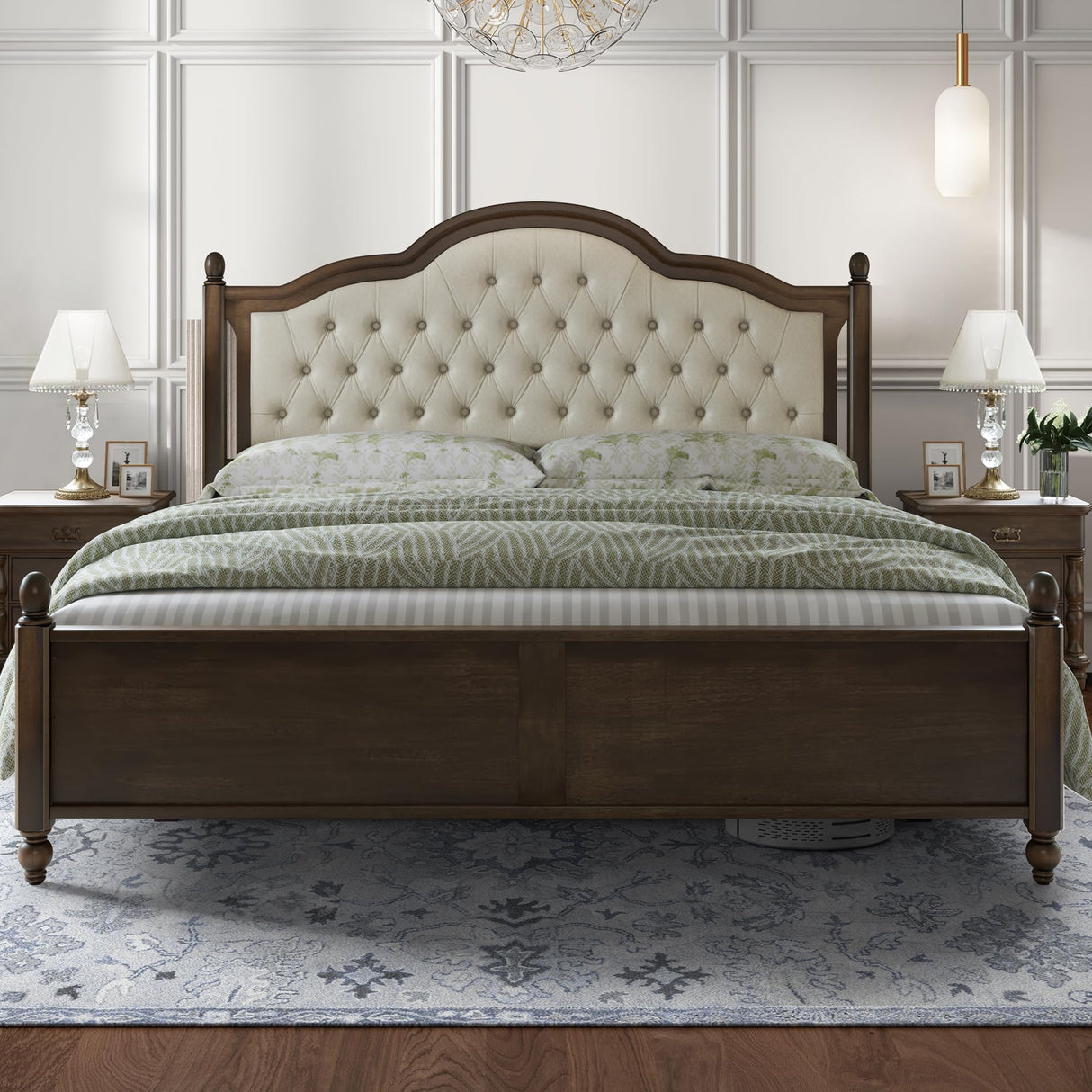 YUMPIE Solid Wood King Bed Frame, Transitional Platform Bed with 52.5" Tufted Upholstered Headboard, Rubberwood Construction, Roman Column Accents, No Box Spring Needed YUMPIE