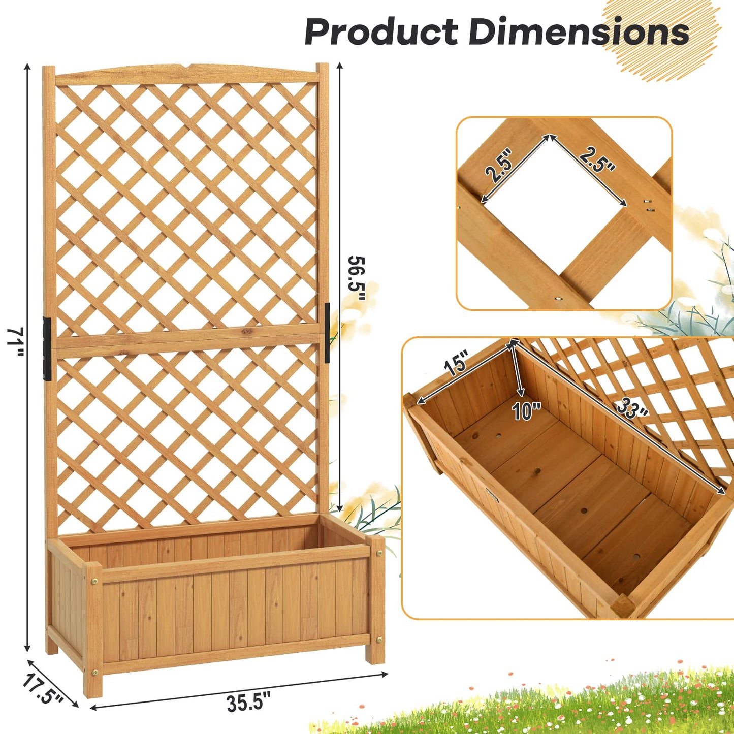 Safstar Raised Garden Bed with Trellis, Indoor & Outdoor Wood Elevated Plant Container with Diamond Shaped Trellis & Drain Hole, Above Ground Garden Bed for Vine Climbing Plants in Garden Balcony Yard