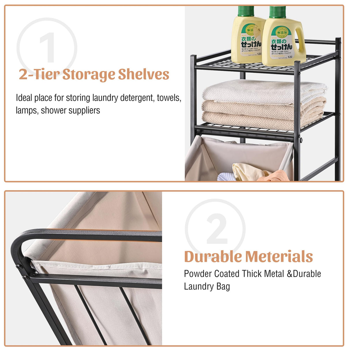 PLKOW Tilt Out Laundry Hamper with Shelf, Laundry Basket Laundry Hamper Cabinet with Removable Liner Bag, 65 Liter, 15.8L x 15.8W x 40H Inch PLKOW