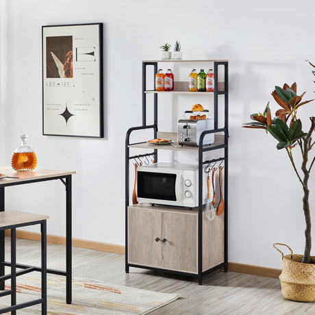 Yaheetech 4-Tier Kitchen Bakers Rack with Storage Cabinet and Hutch, Microwave Oven Stand Coffee Bar Pantry Cabinet with 8 S Hooks, Freestanding Kitchen Shelves Spice Rack, Gray Yaheetech