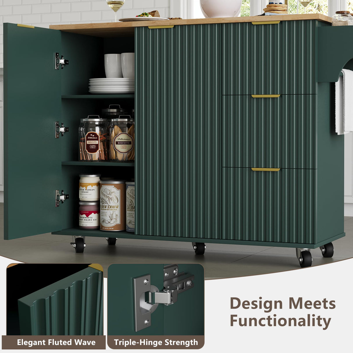 win2win Rolling Kitchen Island with Storage, Portable Kitchen Island with Drop Leaf Breakfast Bar, Modern Farmhouse Kitchen Cart on Wheels with Fluted Design, Towel Rack, Spice Rack, Olive Green win2win