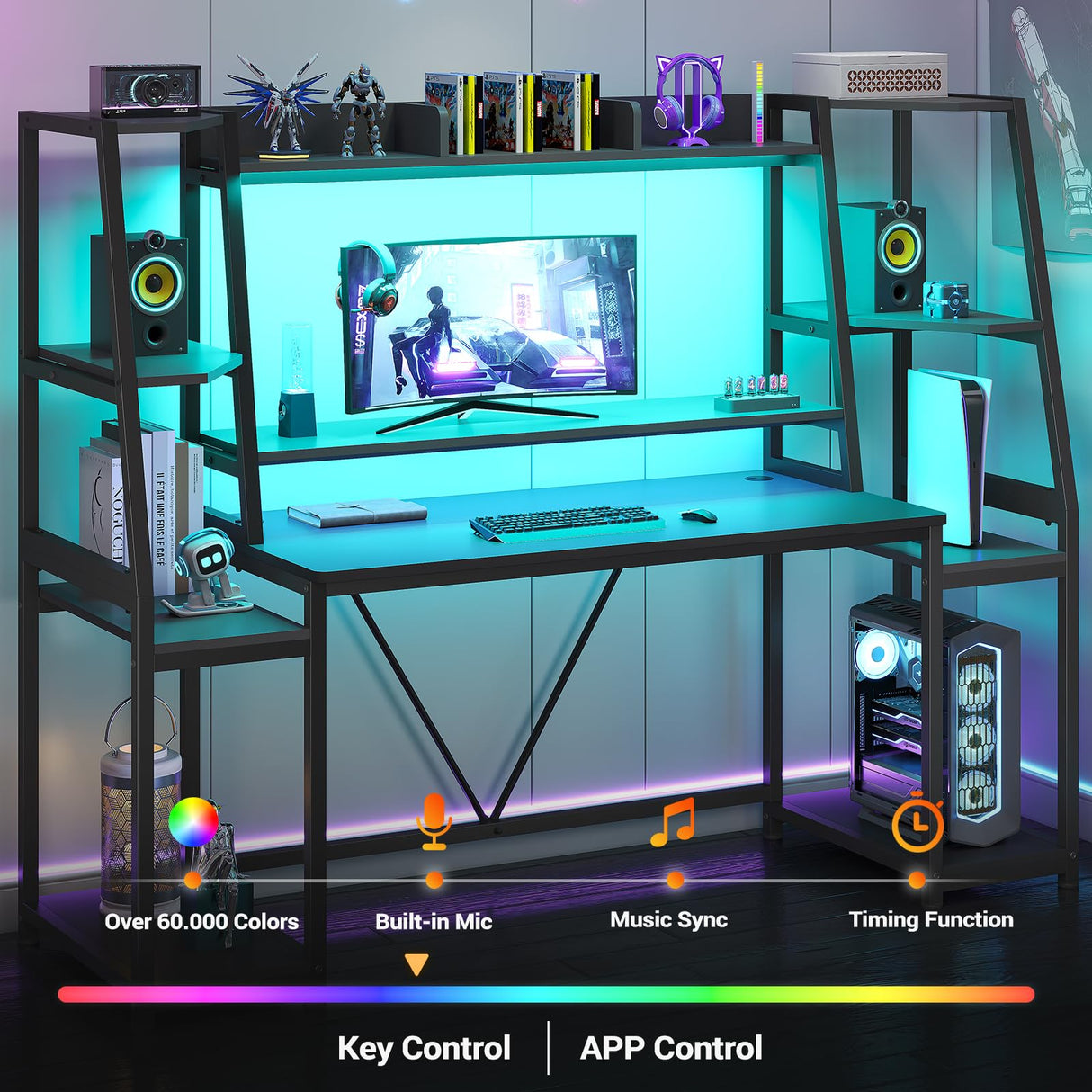 SEDETA Gaming Desk 65.7'' with LED Lights, Hutch and Storage Shelves, Computer Desk with Monitor Stand, Large PC Gamer Desk Workstation, Ergonomic Gaming Table for Bedroom, Living Room, Black SEDETA