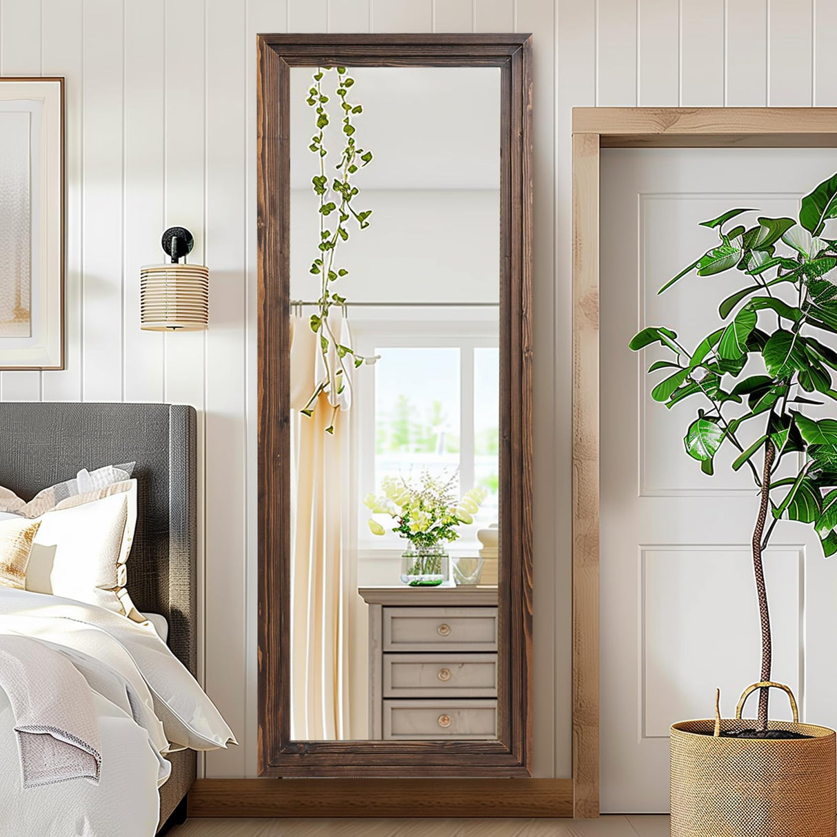 YLYHSST 65"x24" Full Length Mirror Solid Wood Frame Arched Floor Mirror for Living Room, Bedroom Hanging or Leaning, Brown YLYHSST