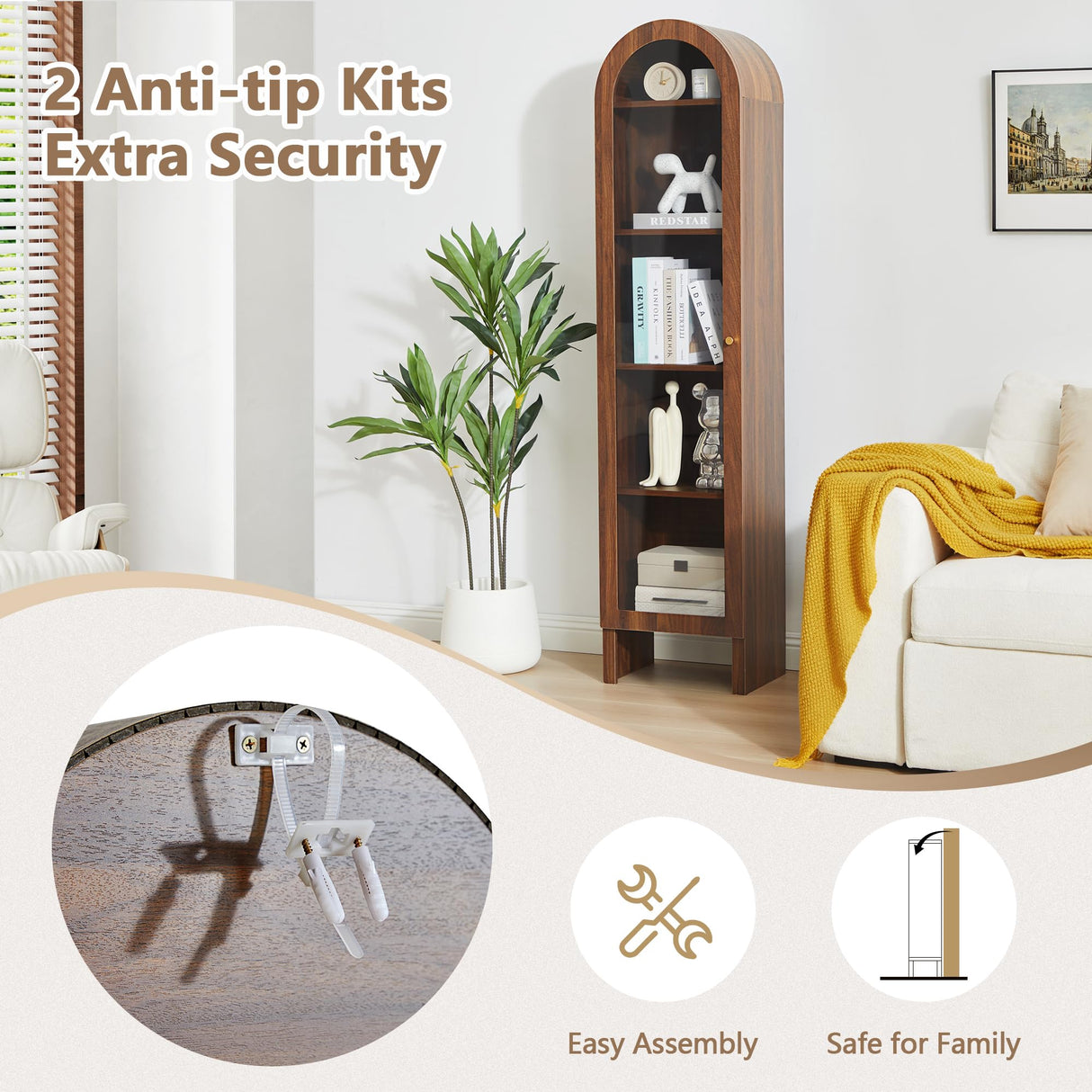 YUCHIATH 66.93" H Arched Bookcase, 5-Tier Arched Cabinet Bookcase with Adjustable Shelves, Accent Display Cabinet with Glass Door for Living Room, Reading Room and Bedroom (Walnut) YUCHIATH