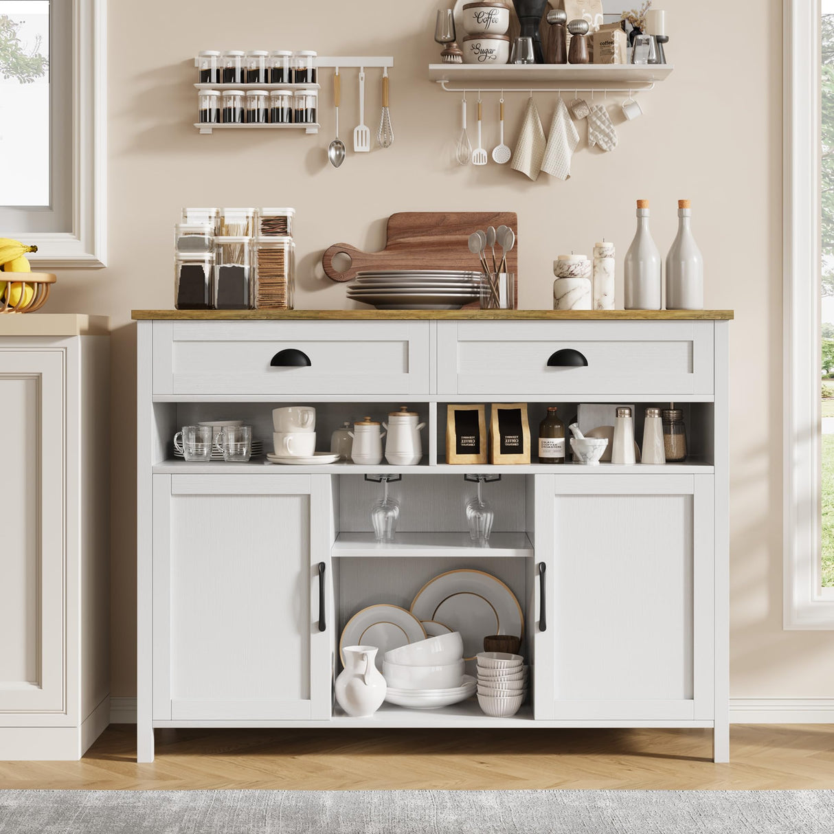 Vividwood 47.2" Modern Farmhouse Wine Bar Cabinet with Wine & Glass Rack, 2 Drawers Buffet Sideboard Storage for Kitchen, Living Room, Dining Room - Coffee & Liquor Station Cabinet (White) Vividwood