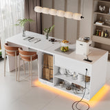 PAKASEPT Kitchen Island with Stationary Dining Table, 78.7" Storage Islands with LED Light, 4 Drawers, Open Shelves, 1 Cabinet, Power Outlet, Breakfast Bar Counter - Kitchen Table Coffee Bar PAKASEPT