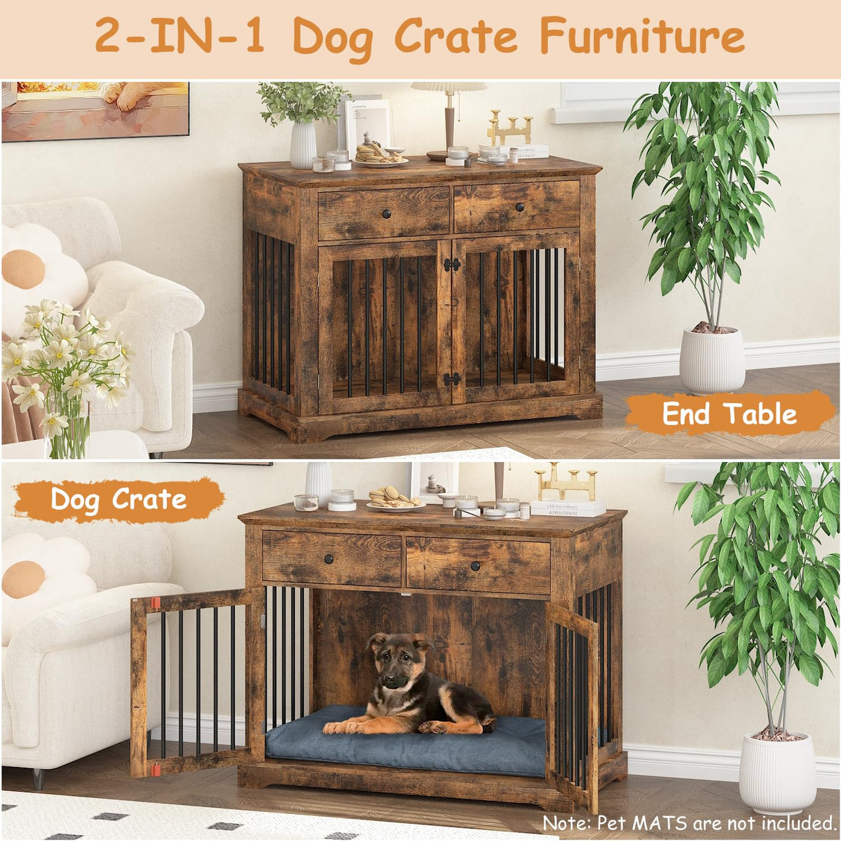 PRETZI Dog Crate Furniture, 44 Inch Wooden Dog Kennel Indoor with 2 Storage Drawers, Heavy Duty Large Dog Crate Furniture, Rustic Style Decorative End Table Dog Cage for Small/Medium/Large (Brown) PRETZI