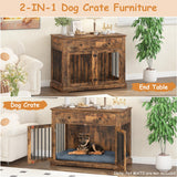 PRETZI Dog Crate Furniture, 44 Inch Wooden Dog Kennel Indoor with 2 Storage Drawers, Heavy Duty Large Dog Crate Furniture, Rustic Style Decorative End Table Dog Cage for Small/Medium/Large (Brown) PRETZI