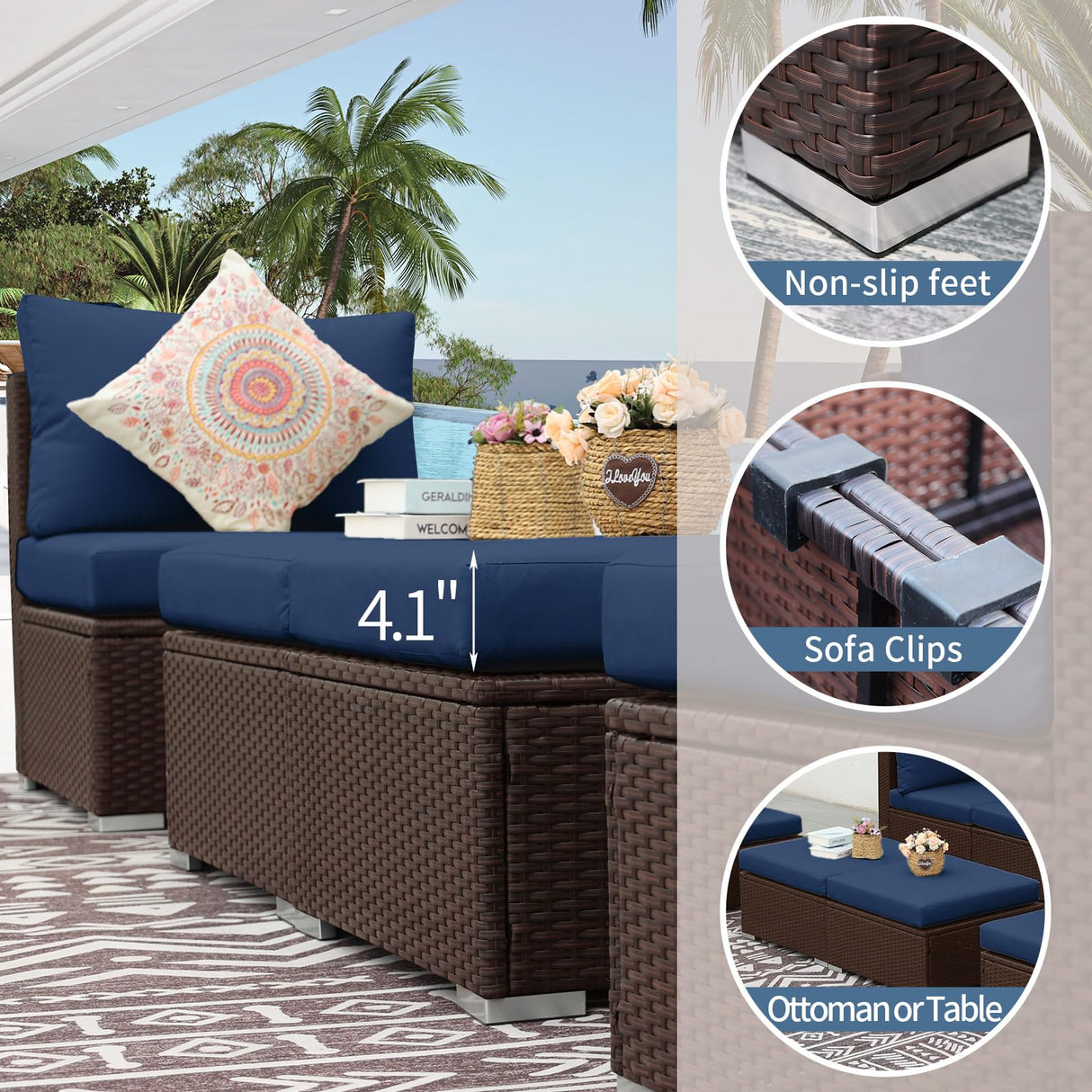 NICESOUL® Large 8 Pieces Brown Deep Seating Patio Backyard Patio Furniture with Ottomans Wicker Sectional Wicker Rattan Conversation Set with Navy Blue Olefin Cushion NICESOUL