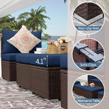 NICESOUL® Large 8 Pieces Brown Deep Seating Patio Backyard Patio Furniture with Ottomans Wicker Sectional Wicker Rattan Conversation Set with Navy Blue Olefin Cushion NICESOUL