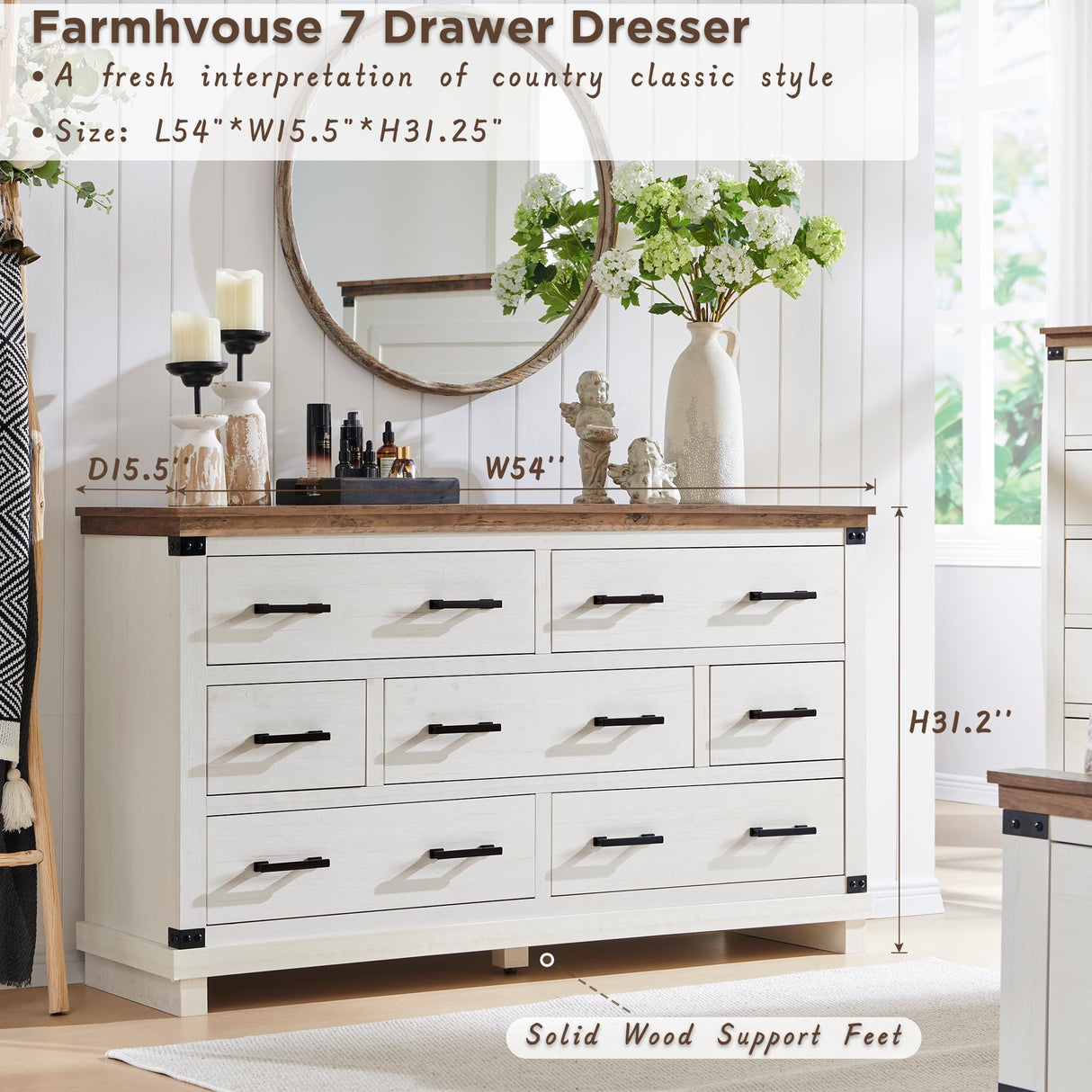 Farmhouse 7 Drawers Dresser for Bedroom, Wood Large Chest of Drawers with Thick Plank Styling, Rustic Closet Dresser for Bedroom, Living Room, Antique White Color RedLemon