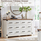 Farmhouse 7 Drawers Dresser for Bedroom, Wood Large Chest of Drawers with Thick Plank Styling, Rustic Closet Dresser for Bedroom, Living Room, Antique White Color RedLemon