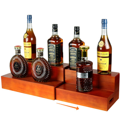 Alytree Expandable Liquor Bottle Display Shelf,2 Pack bar Shelves for Liquor Bottles, 2 Tier bar Bottle Display Shelf, Real Wood Liquor Shelf for Home Bar