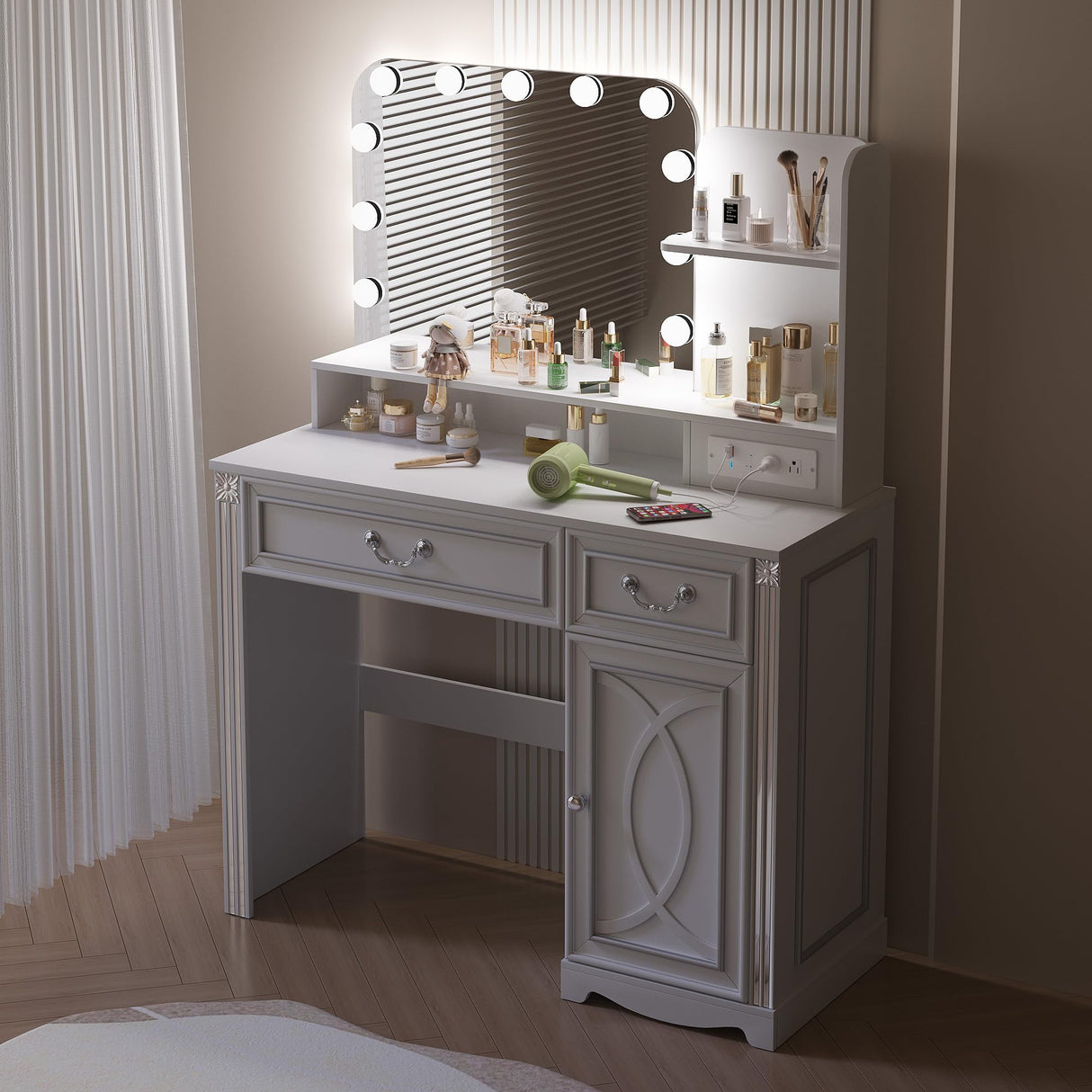 Ylued Vanity Desk with Mirror and Lights Power Outlet, 39 inch Makeup Vanity with Charging Station, Mid-Century Modern Dressing Table with 2 Drawers for Bedroom, White Ylued