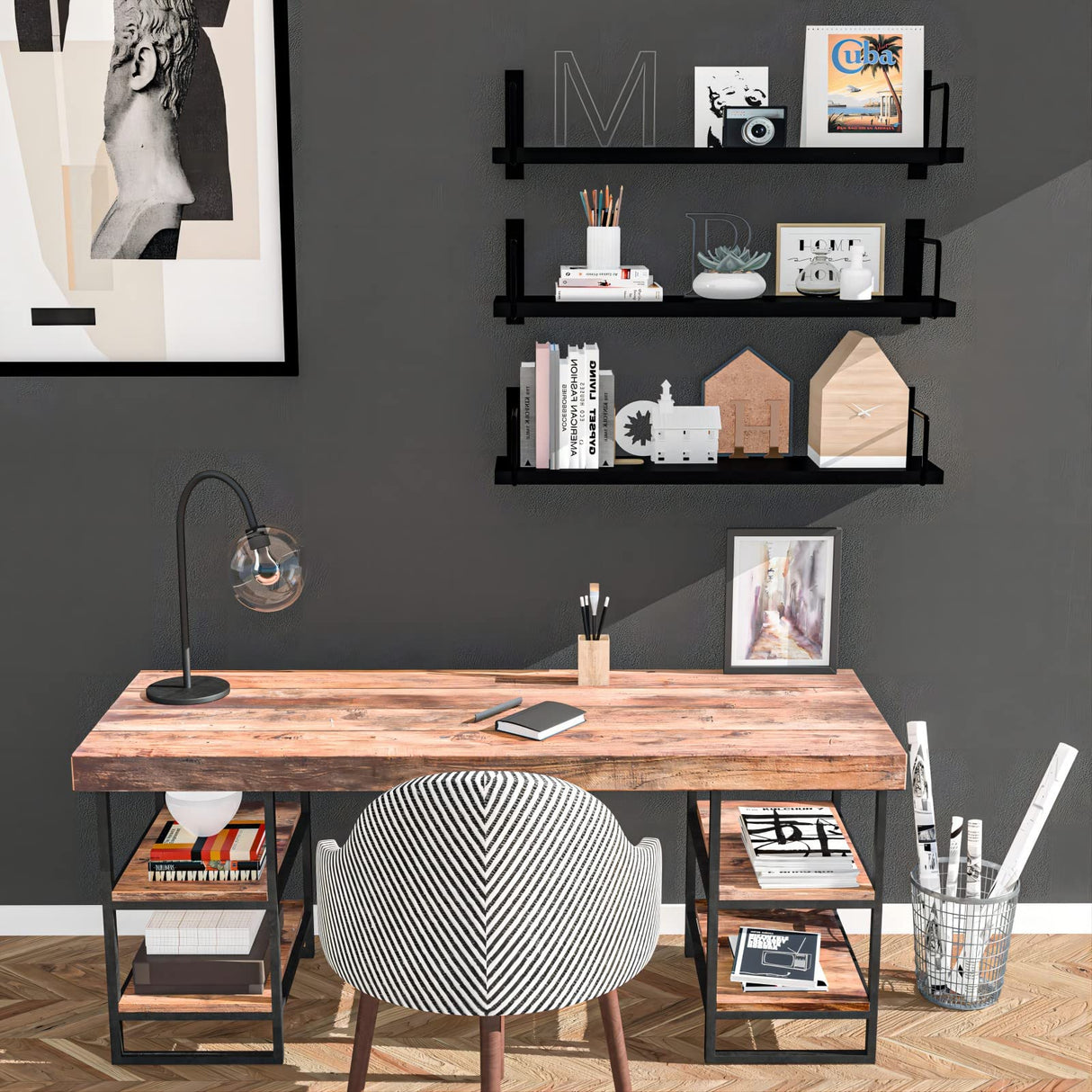 EALLRINEC Floating Shelves - 24 Inch Wall Mounted Set of 3, Rustic Wood Storage Shelves for Living Room (Black) EALLRINEC