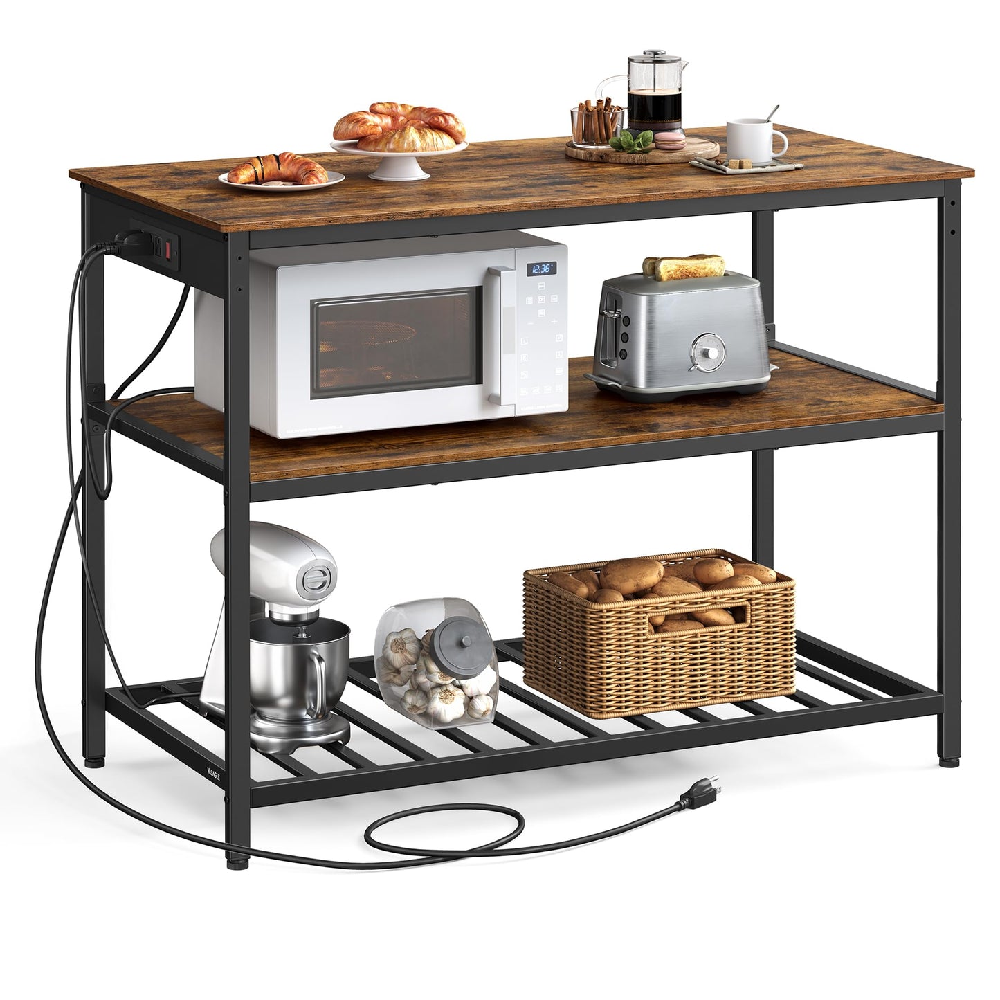 VASAGLE Kitchen Island with 3 Shelves, 47.2 Inches Width Kitchen Shelf with Power Strip, Large Worktop, Stable Steel Structure, Industrial, Easy to Assemble, Rustic Brown and Black UKKI101K01