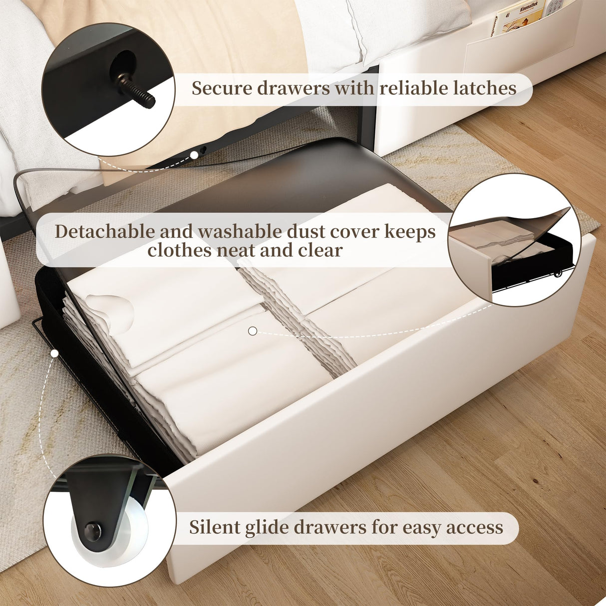 SIBEDS Full Led Bed Frame with 2 Drawers, Storage Platform Bed with Upholstered Crystal Button Tufted Headboard Footboard, 2 Side Pockets, No Box Spring Needed, PU White SIBEDS