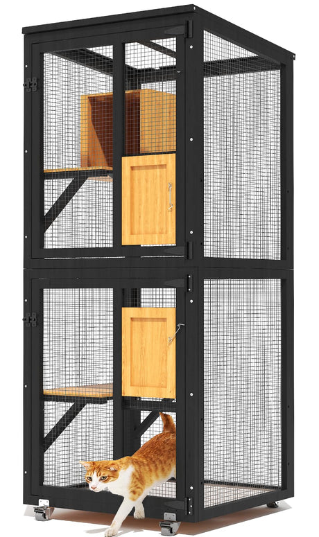 TIMHAKA Catio Outdoor Cat Enclosure, 4 Tier Indoor Catio with 4 Wheels, Platforms and Resting Box, Cat Cage with Waterproof Roof, Feral Pet Shelter with Easy Clean PVC Layer, Black TIMHAKA
