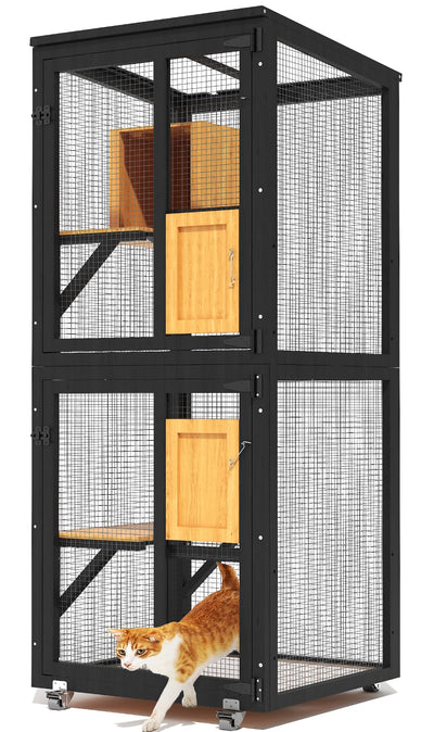TIMHAKA Catio Outdoor Cat Enclosure, 4 Tier Indoor Catio with 4 Wheels, Platforms and Resting Box, Cat Cage with Waterproof Roof, Feral Pet Shelter with Easy Clean PVC Layer, Black
